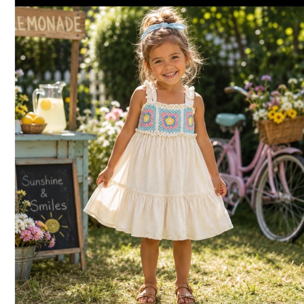 Haute Hippie Kids Girls 4T Crochet Granny Square Linen Blend Boho Tiered Dress